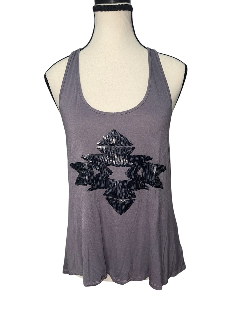 Women’s Grey Racerback Y2K 2000’s Tank Top with Sequin Graphics Small